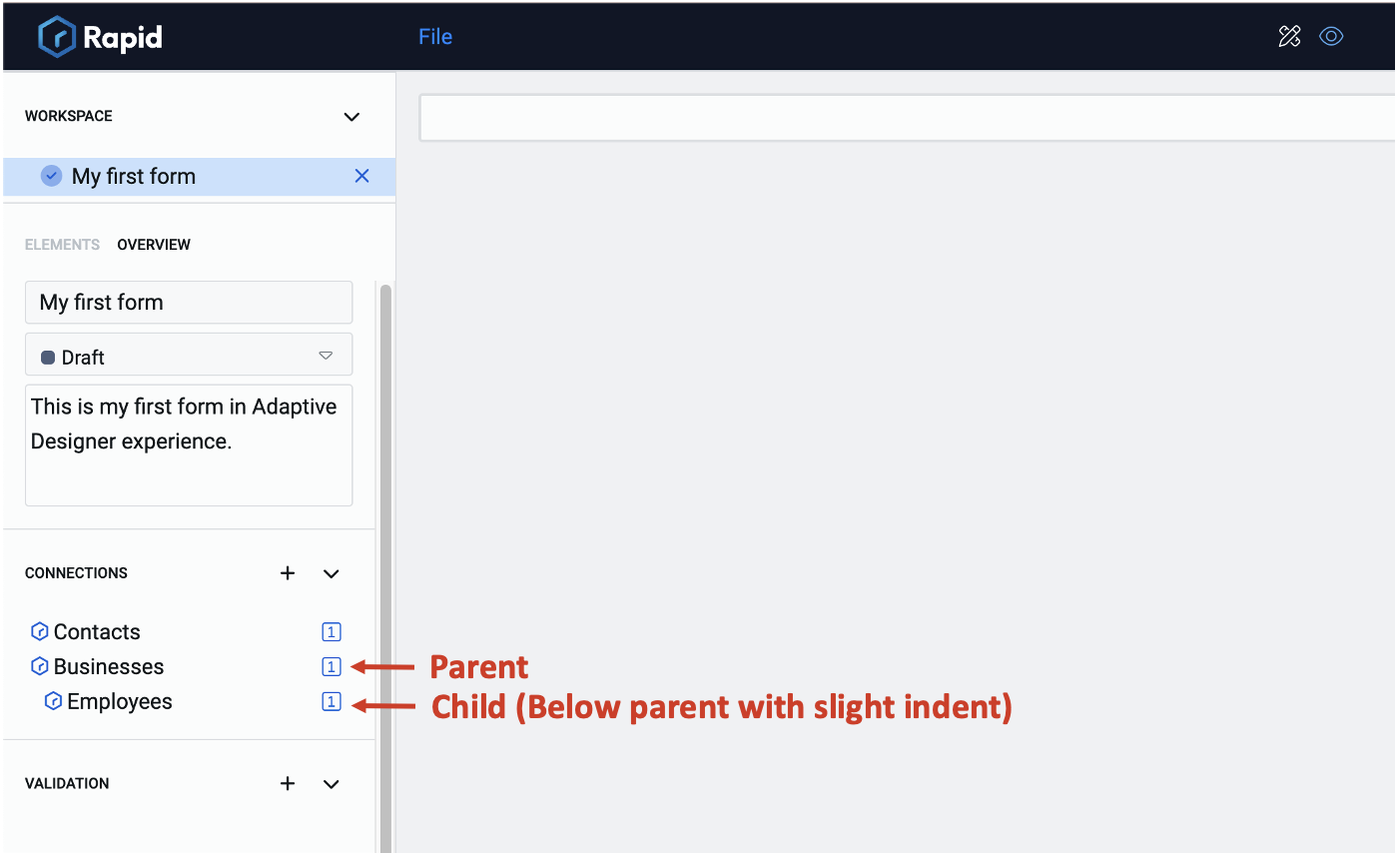 Image showing child connection below parent connection